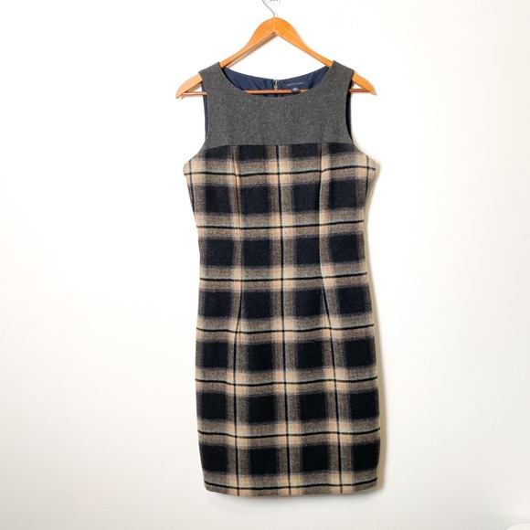 Tommy Hilfiger Wool Plaid Tartan Shift Tan Grey preppy dress - Picture 1 of 8